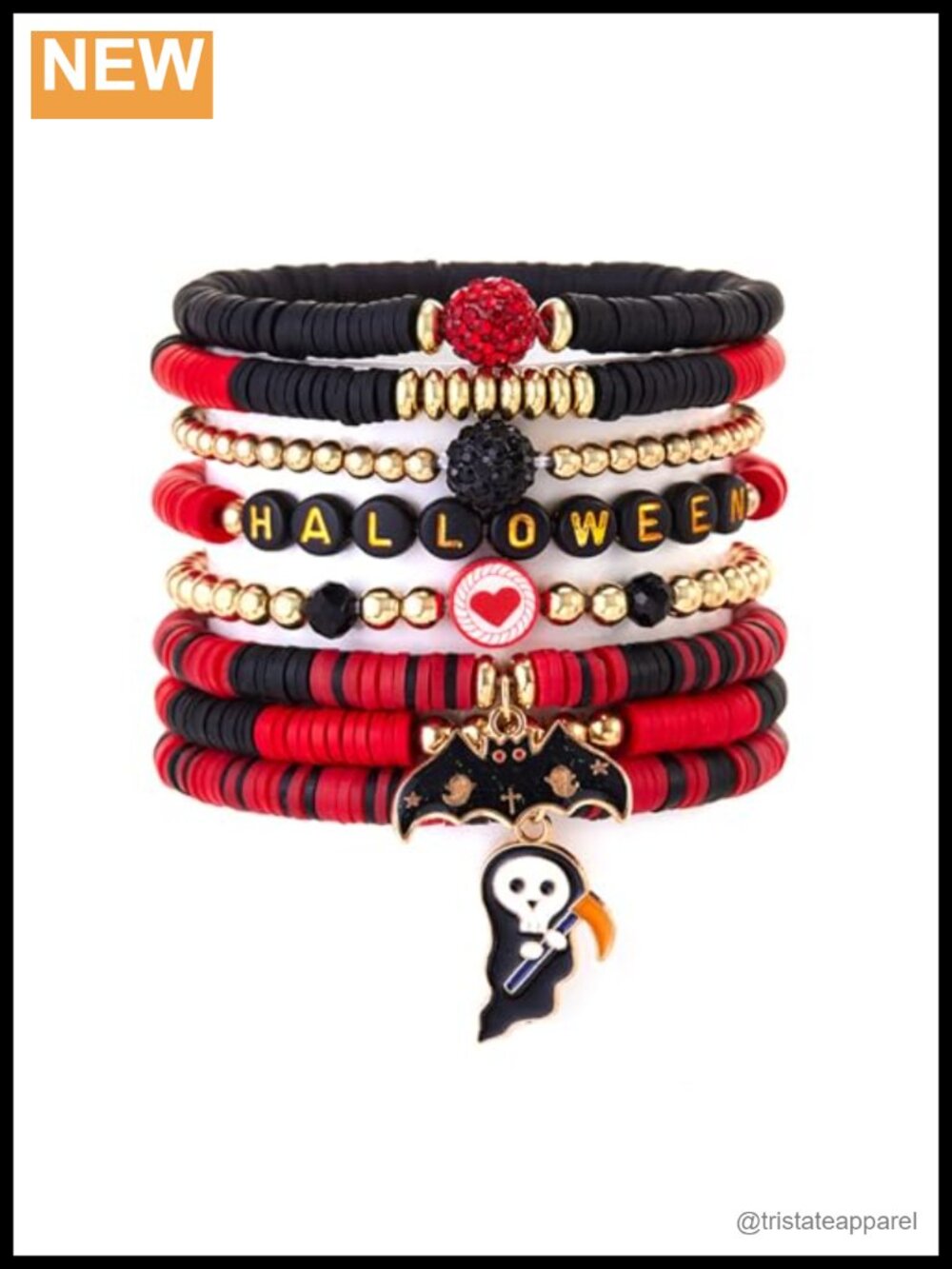 7pc Stretch Bracelet Set Polymer Clay Beads Enamel Charms Stackable Halloween